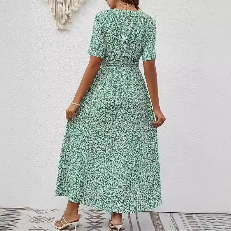 Robe fendue à manches courtes et col en v pour femmes, nouvelle collection d'été