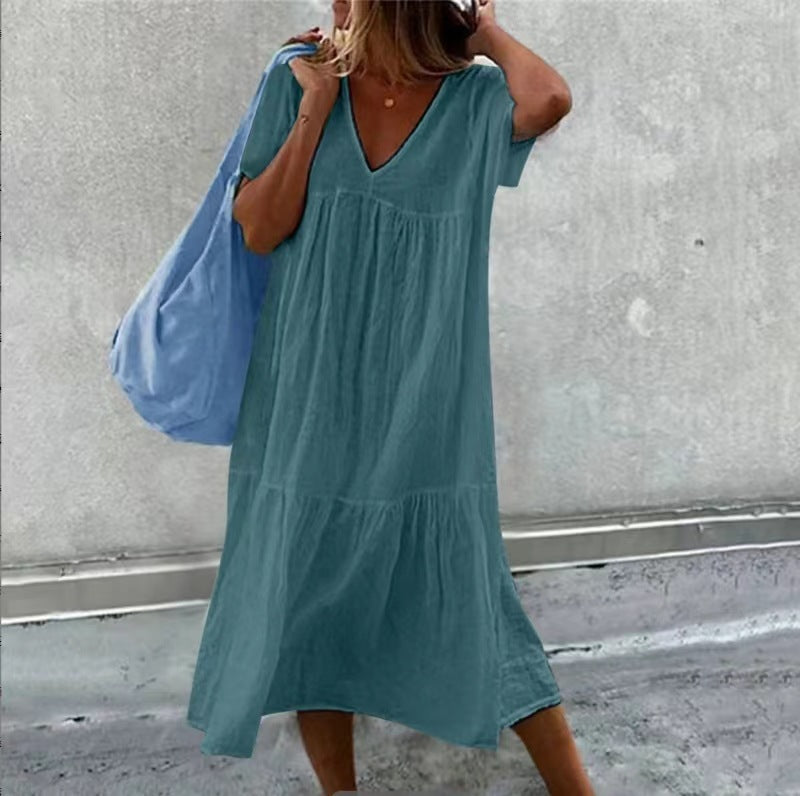 Round Neck Short Sleeve Cotton And Linen Mid-length Dress