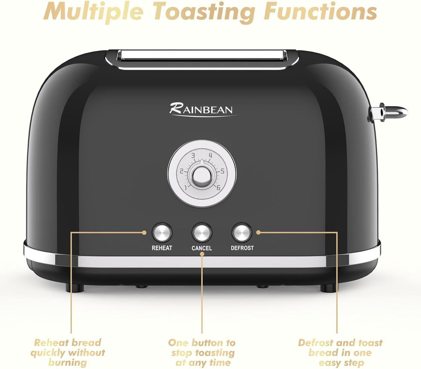 Grille-pain rétro à 2 tranches en acier inoxydable avec 6 réglages de teinte de pain et fonction de réchauffage d'annulation de dégivrage de bagel, joli grille-pain avec fente extra large et bac à miettes amovible