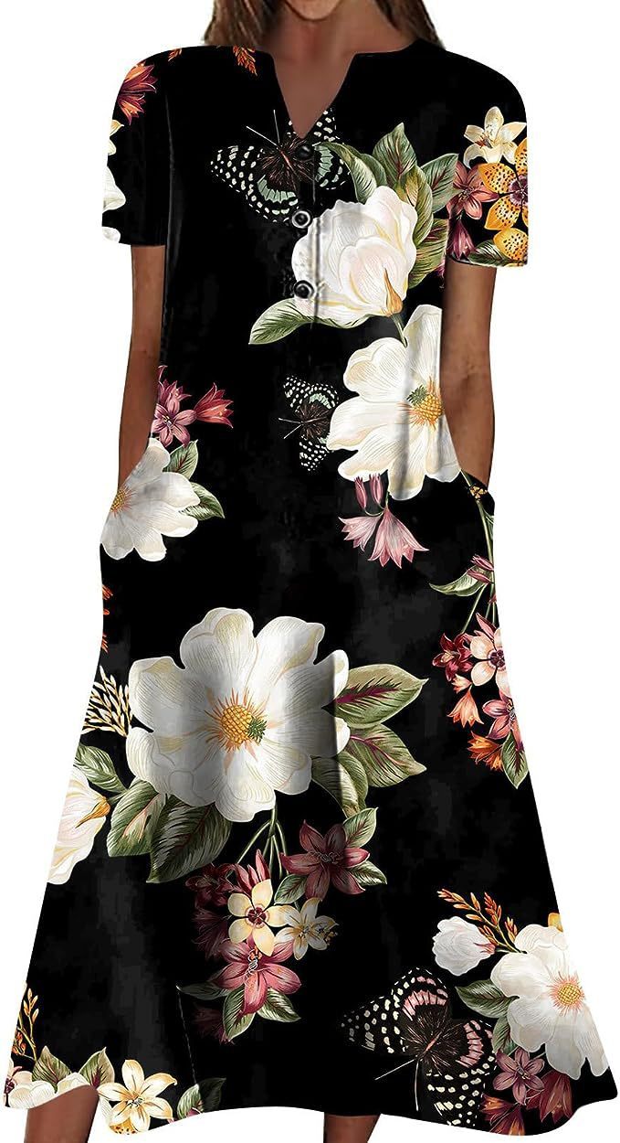 Printed Pocket V-neck Loose Casual Length Dress