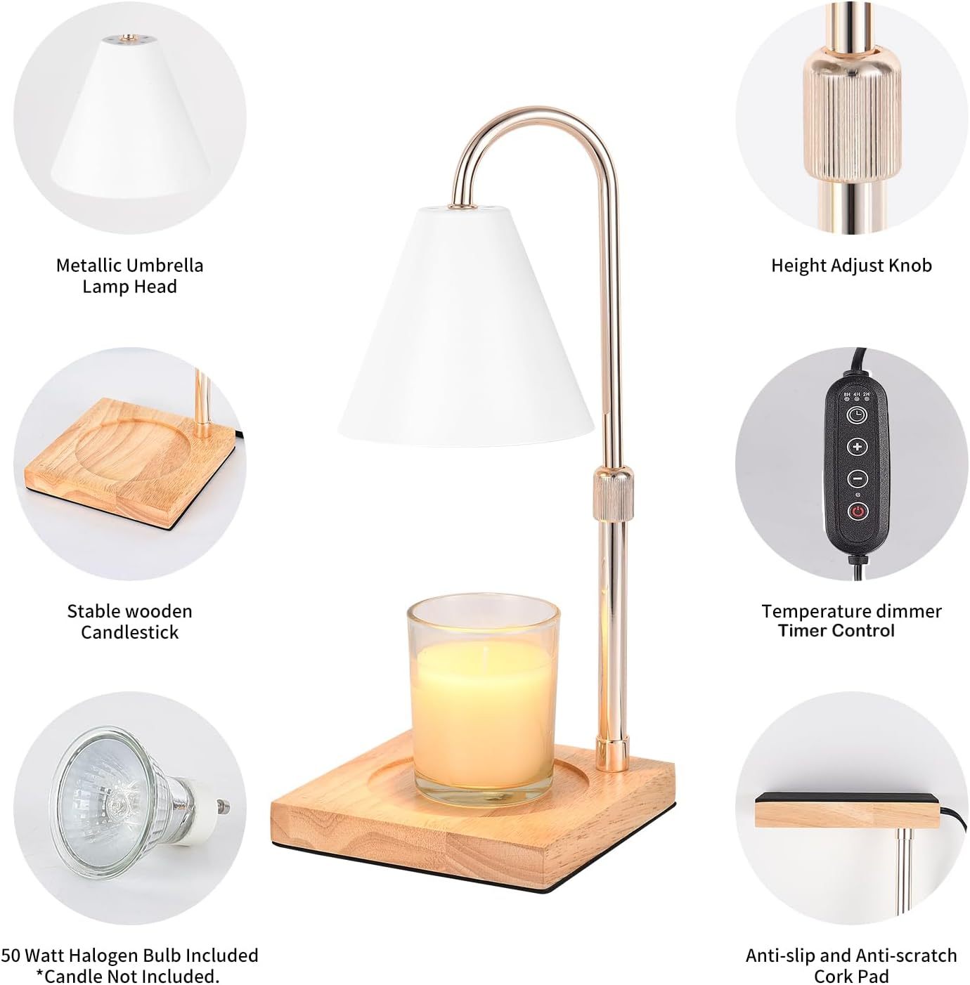 Lampe chauffe-bougie avec minuterie, variateur de hauteur réglable, base en bois, chauffe-cire électrique de haut en bas pour bougies en pot, décoration de chambre à coucher, cadeau de pendaison de crémaillère, cadeaux de fête des mères pour maman