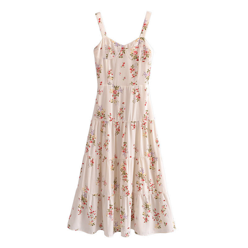 Robe à bretelles amincissante pour femmes, Style français, Vintage, petit imprimé Floral, taille haute, coupe cintrée