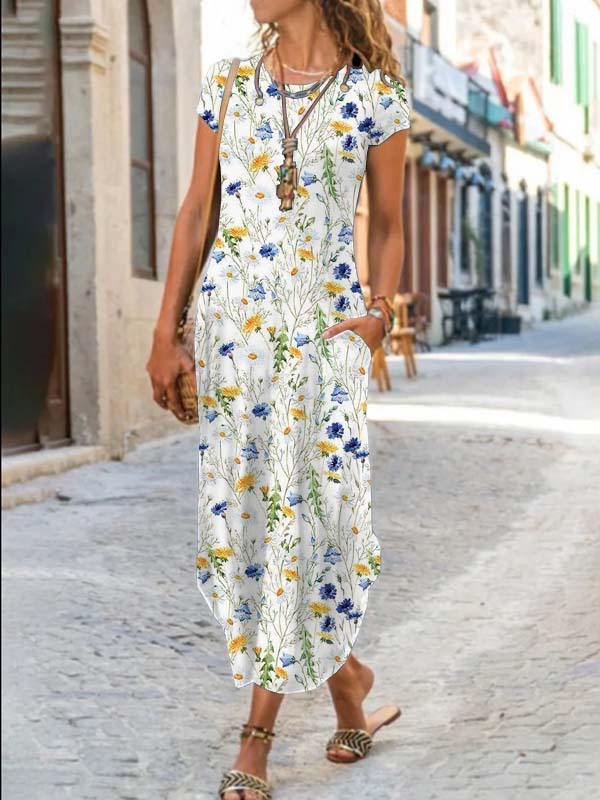 Robe imprimée tendance à manches courtes et col rond