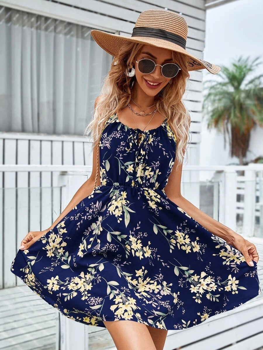 Vestido con tirantes y estampado floral con diseño de cintura elástica, vestidos cortos de verano a la moda, ropa para mujer