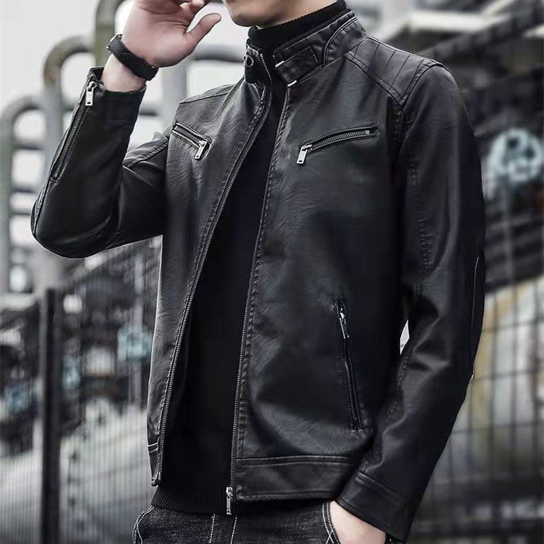 Veste en cuir décontractée et fine pour moto pour homme