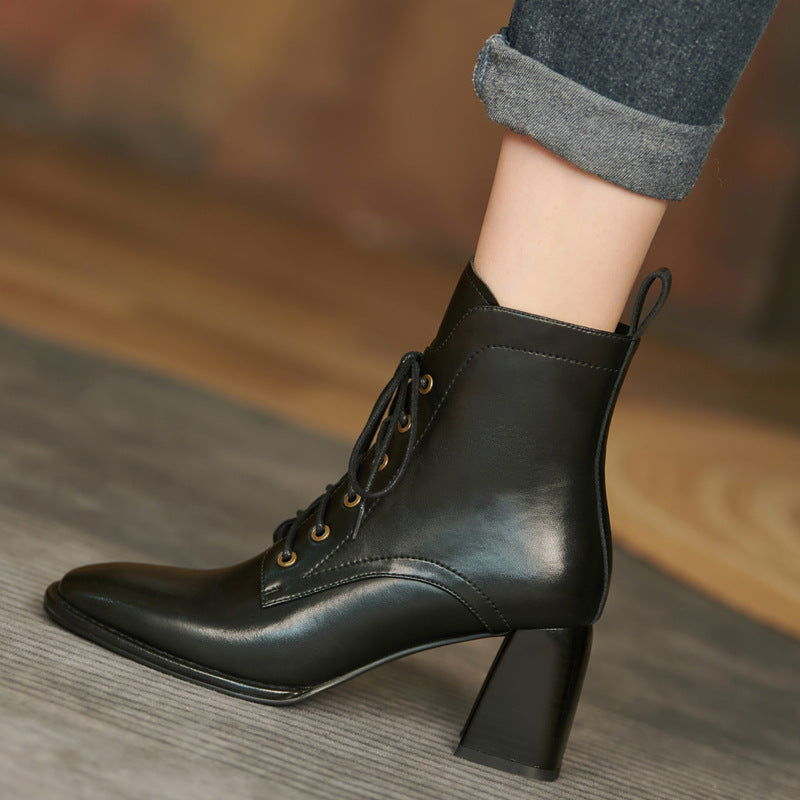 Botas de tacón alto para mujer, estilo británico, Retro, con cordones, cortas, simples, a la moda, otoño e invierno, 2022