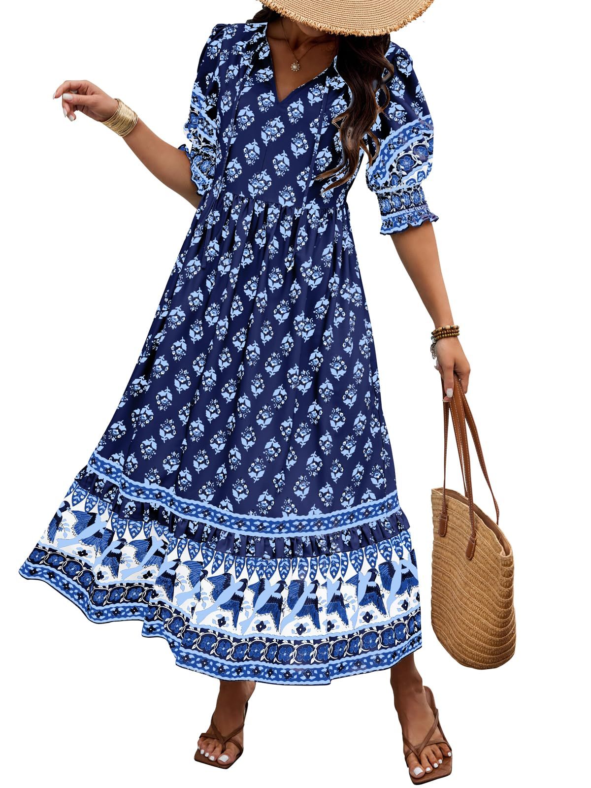 V-neck Printed Lantern Sleeve High Waist Big Swing Dress