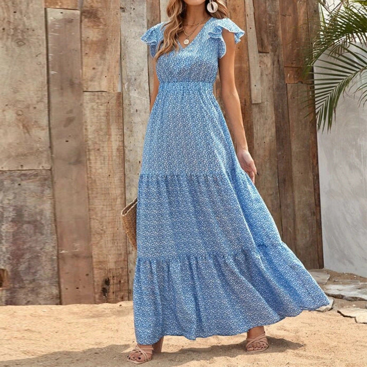 Vestido floral festivo con estampado bohemio y cuello en V de verano para mujer