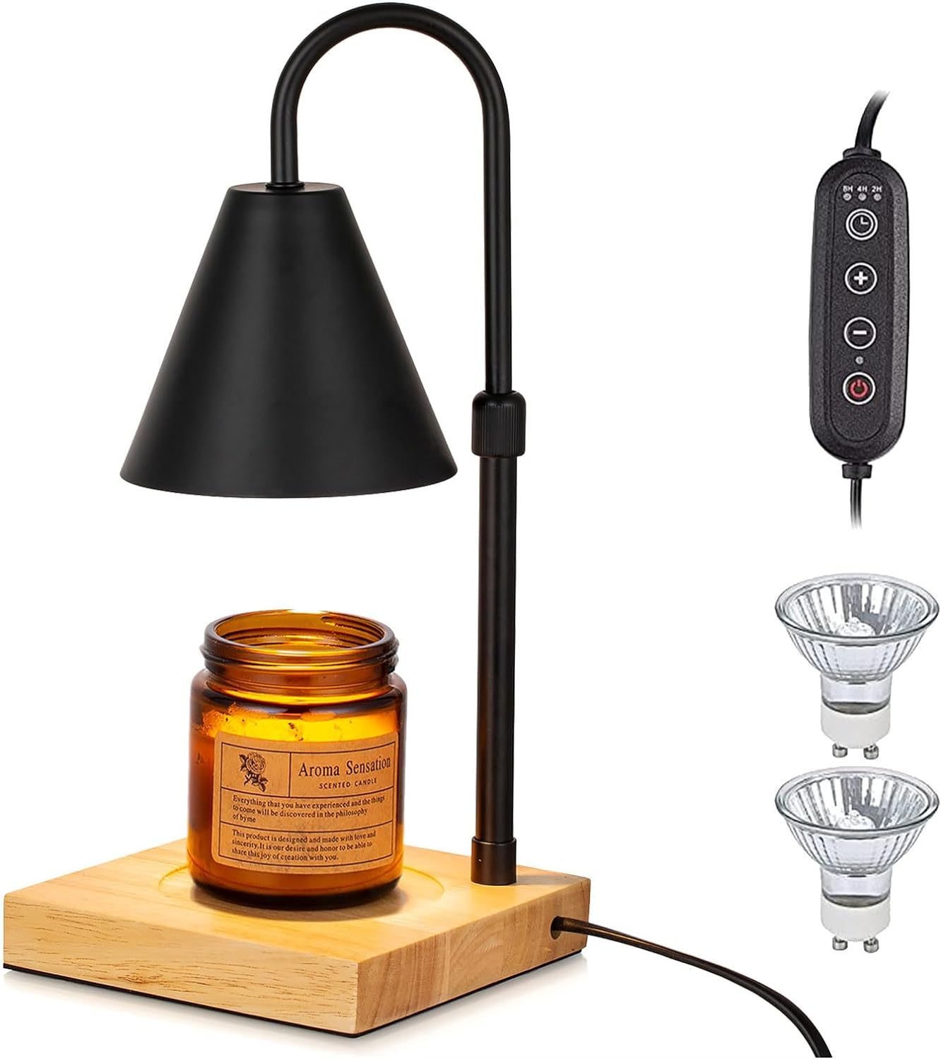 Lampe chauffe-bougie avec minuterie, variateur de hauteur réglable, base en bois, chauffe-cire électrique de haut en bas pour bougies en pot, décoration de chambre à coucher, cadeau de pendaison de crémaillère, cadeaux de fête des mères pour maman