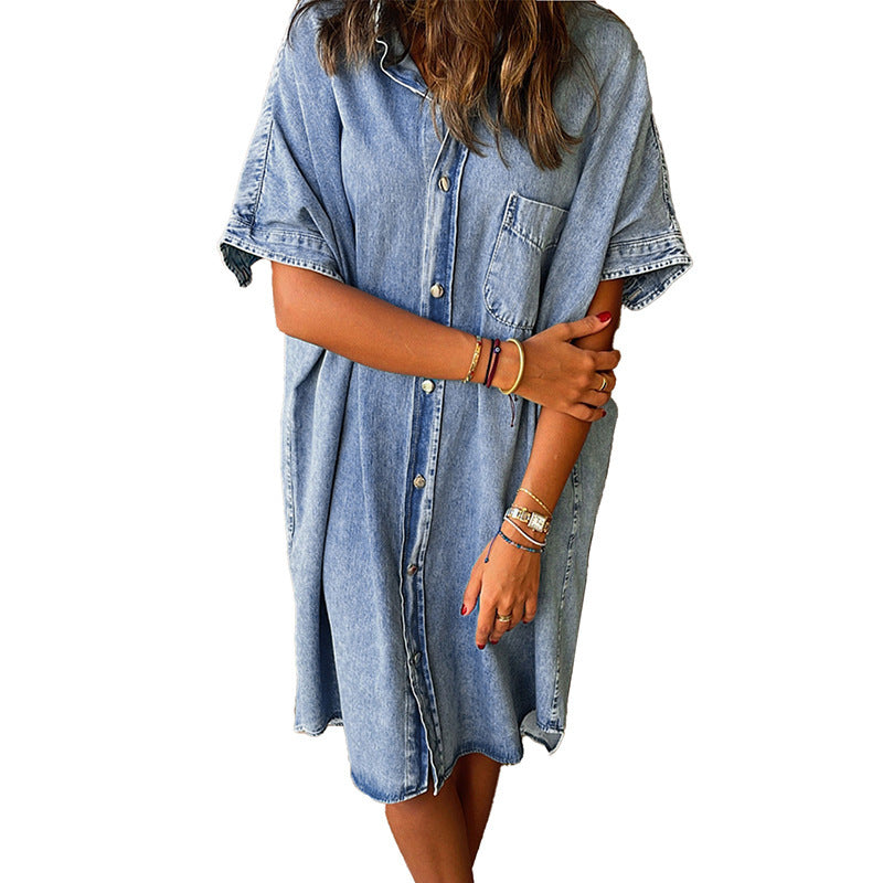 Robe en jean à manches courtes pour femmes, couleur unie, rangée unique, multi-boucles, jupe en jean