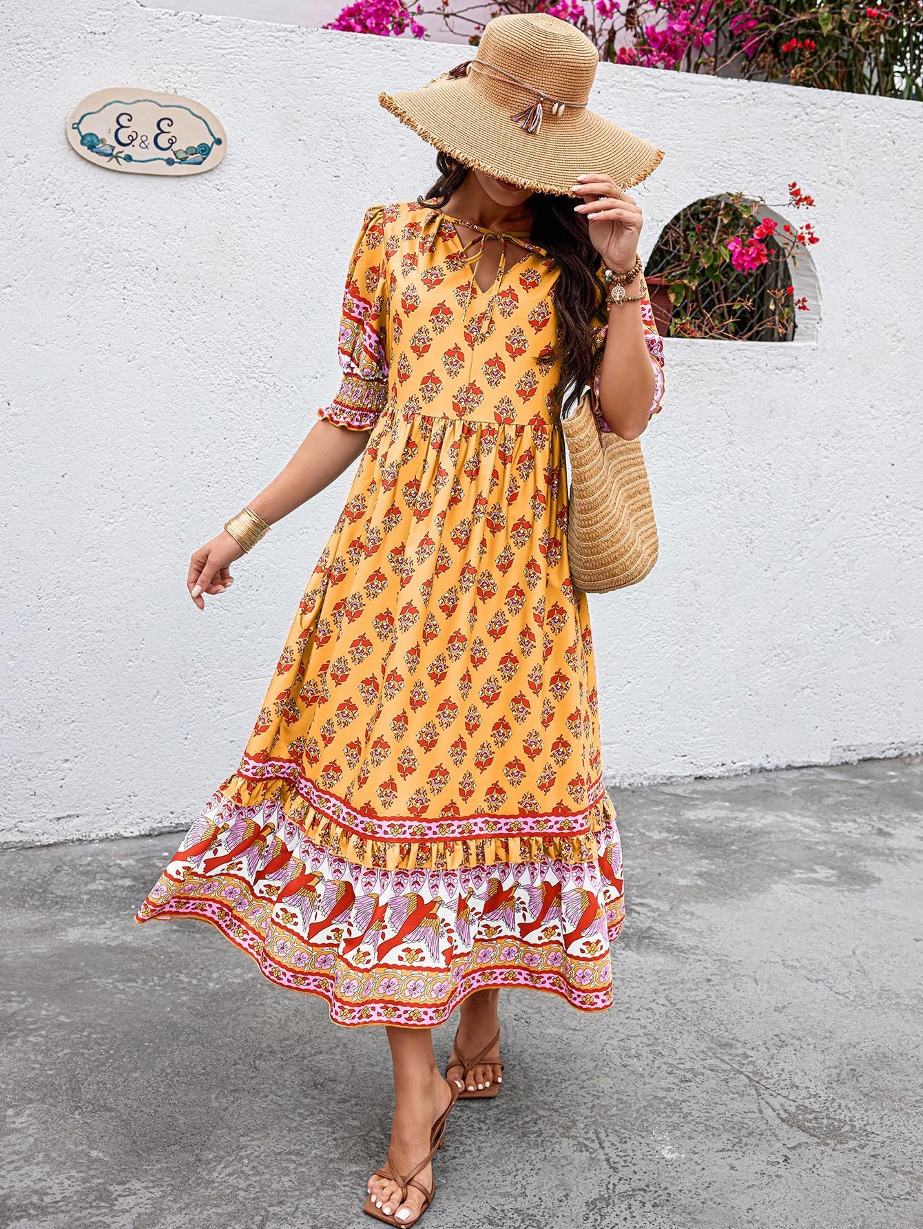 V-neck Printed Lantern Sleeve High Waist Big Swing Dress