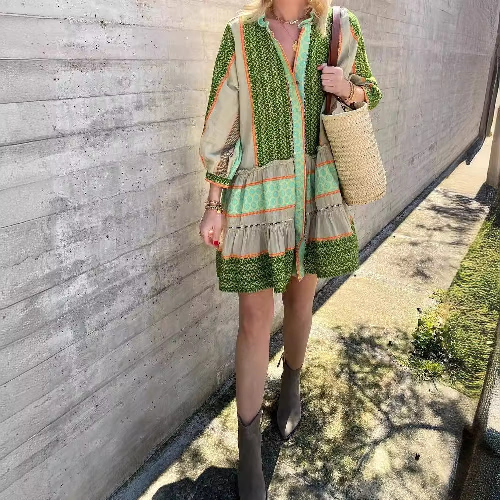 Vestido de falda de lino y algodón con posicionamiento estampado de primavera y otoño