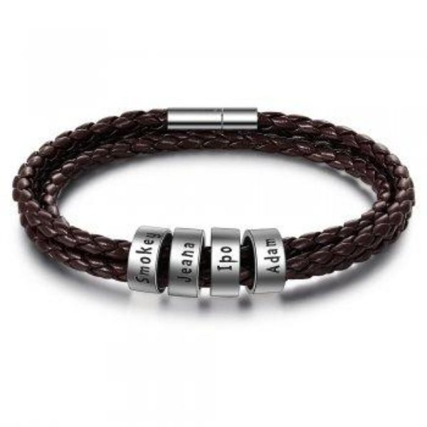 Pulsera de cuero genuino trenzada personalizada para hombre, cuentas personalizadas de acero inoxidable, pulsera con dijes de nombre para hombres con apellidos