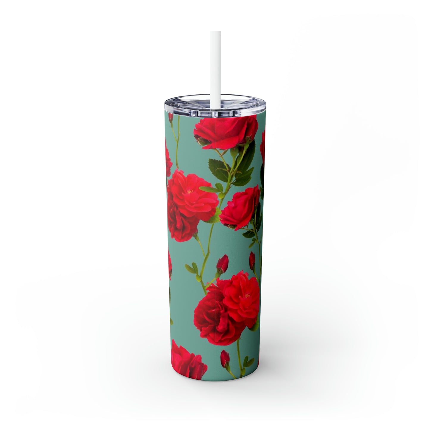 Red Flowers and blue - Inovax Maars® Skinny Tumbler with Straw 20oz