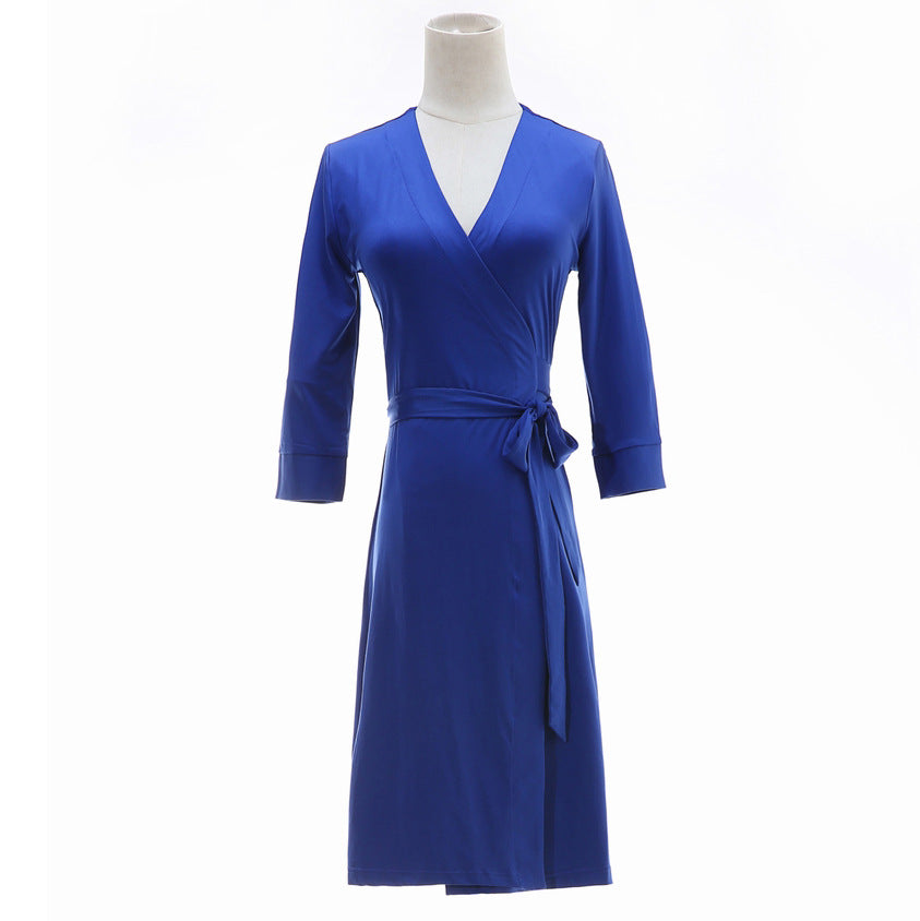 Robe Slim courte et amincissante à lacets, col en V, tempérament bleu foncé