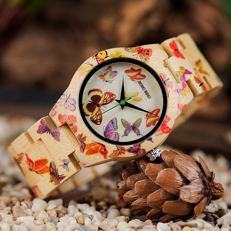 BOBO BIRD O20 Relojes con estampado de mariposas para mujer Reloj de pulsera de cuarzo totalmente hecho en bambú para mujer en caja de regalo de madera