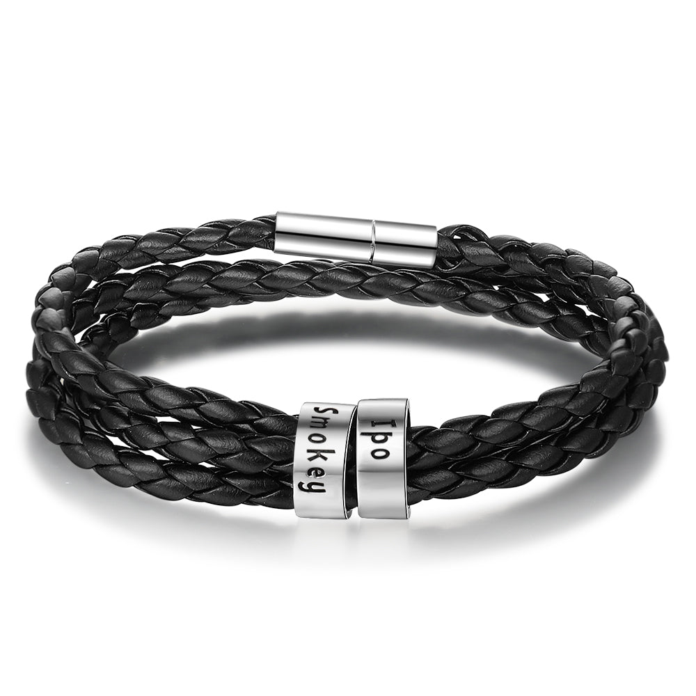 Pulsera de cuero genuino trenzada personalizada para hombre, cuentas personalizadas de acero inoxidable, pulsera con dijes de nombre para hombres con apellidos