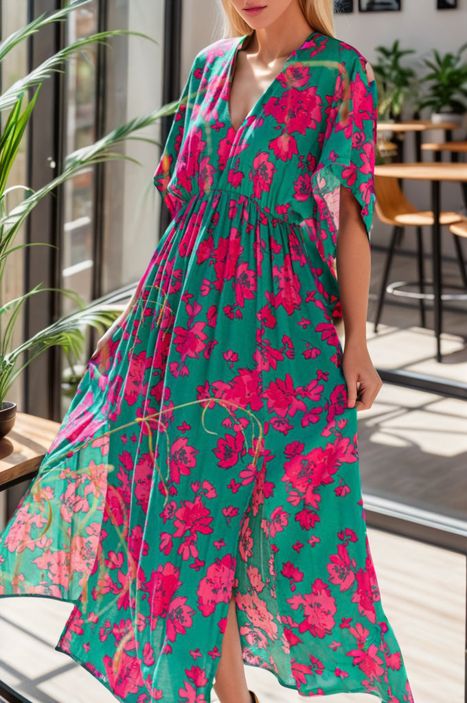 Printed V-Neck Midi Slit Dress