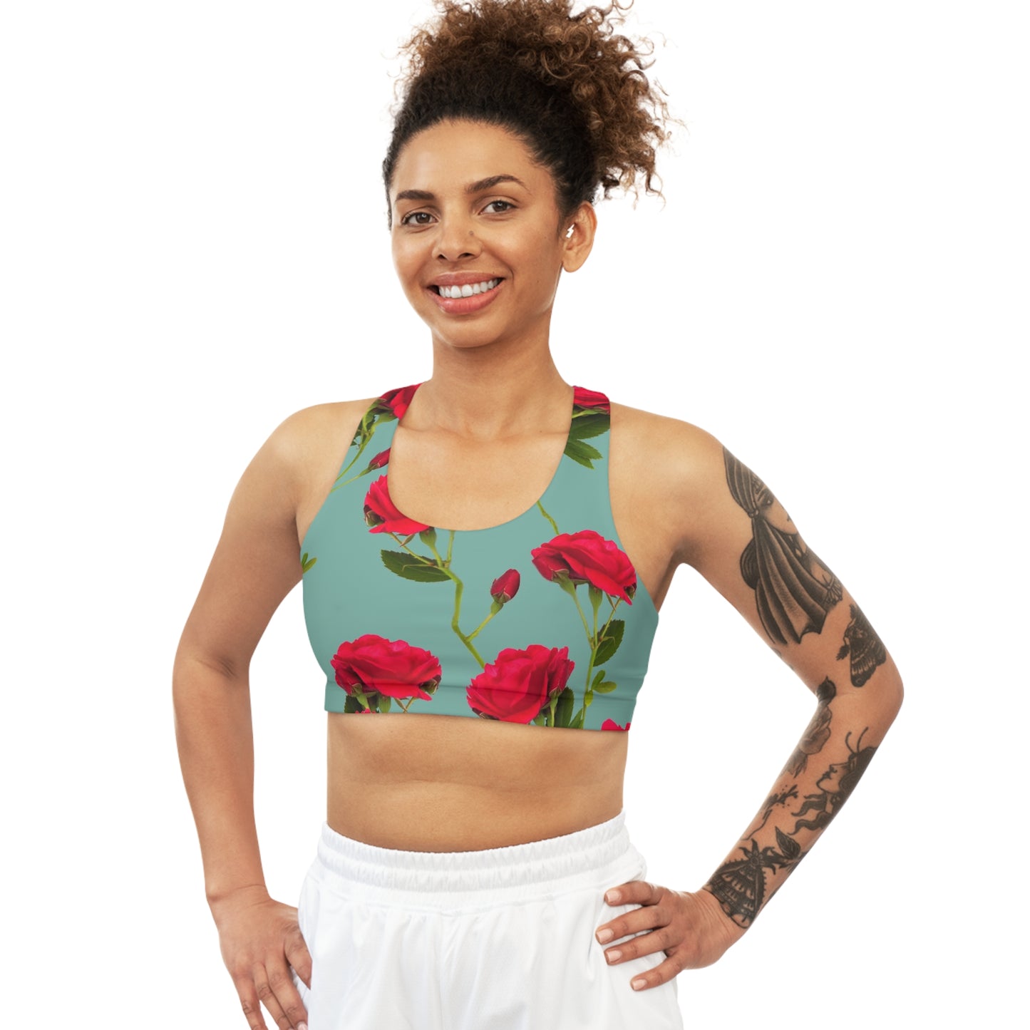 Red Flowers and blue - Inovax Seamless Sports Bra