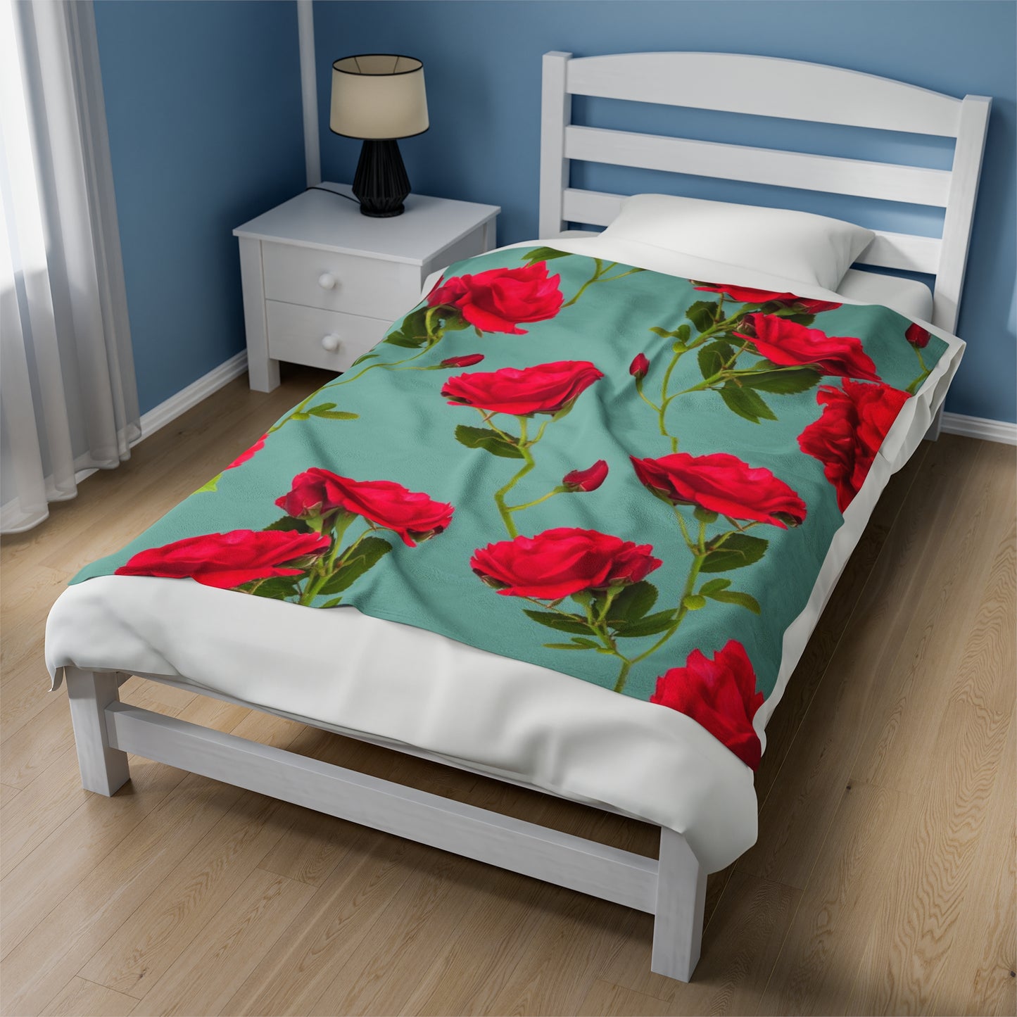 Red Flowers and blue - Inovax Velveteen Plush Blanket