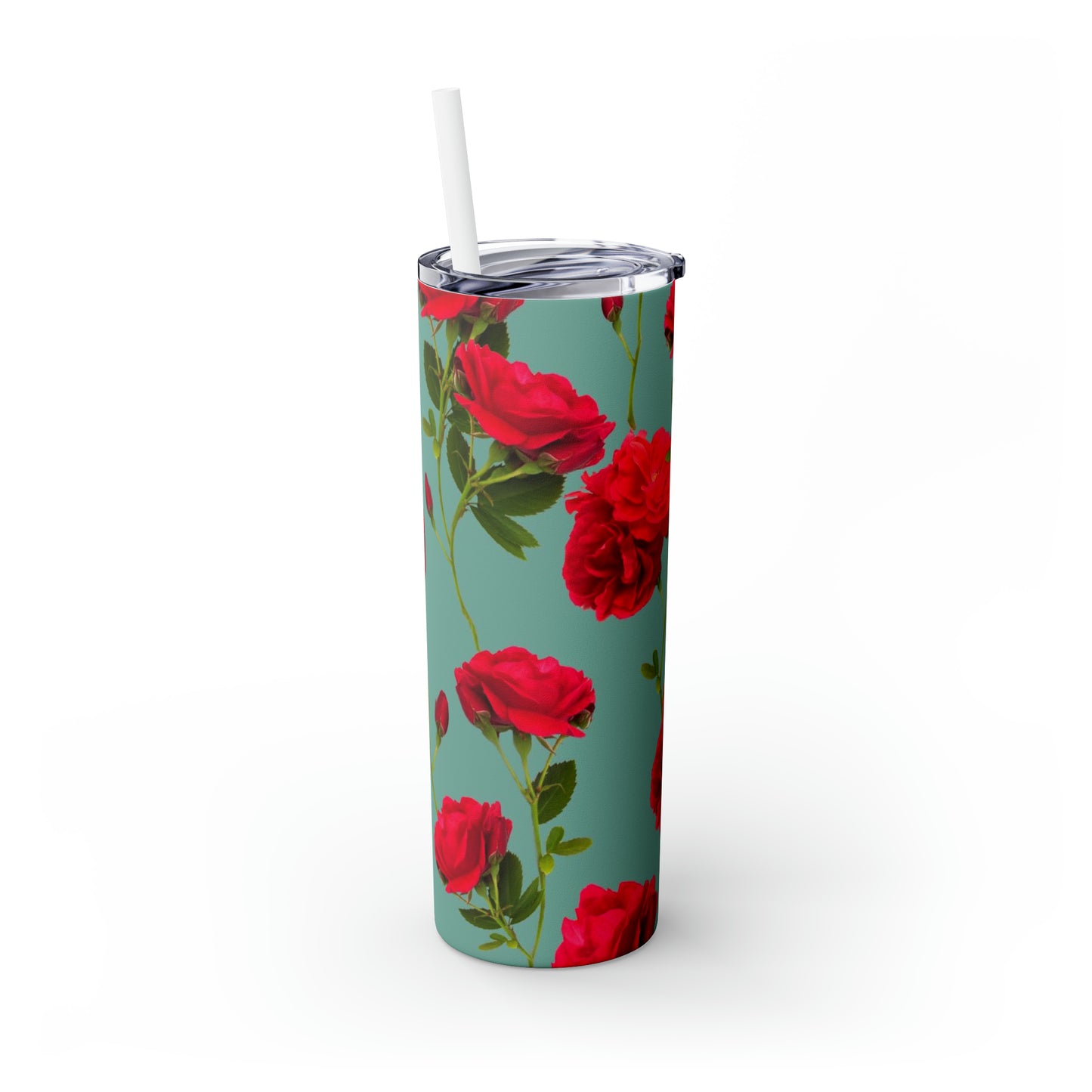 Red Flowers and blue - Inovax Maars® Skinny Tumbler with Straw 20oz