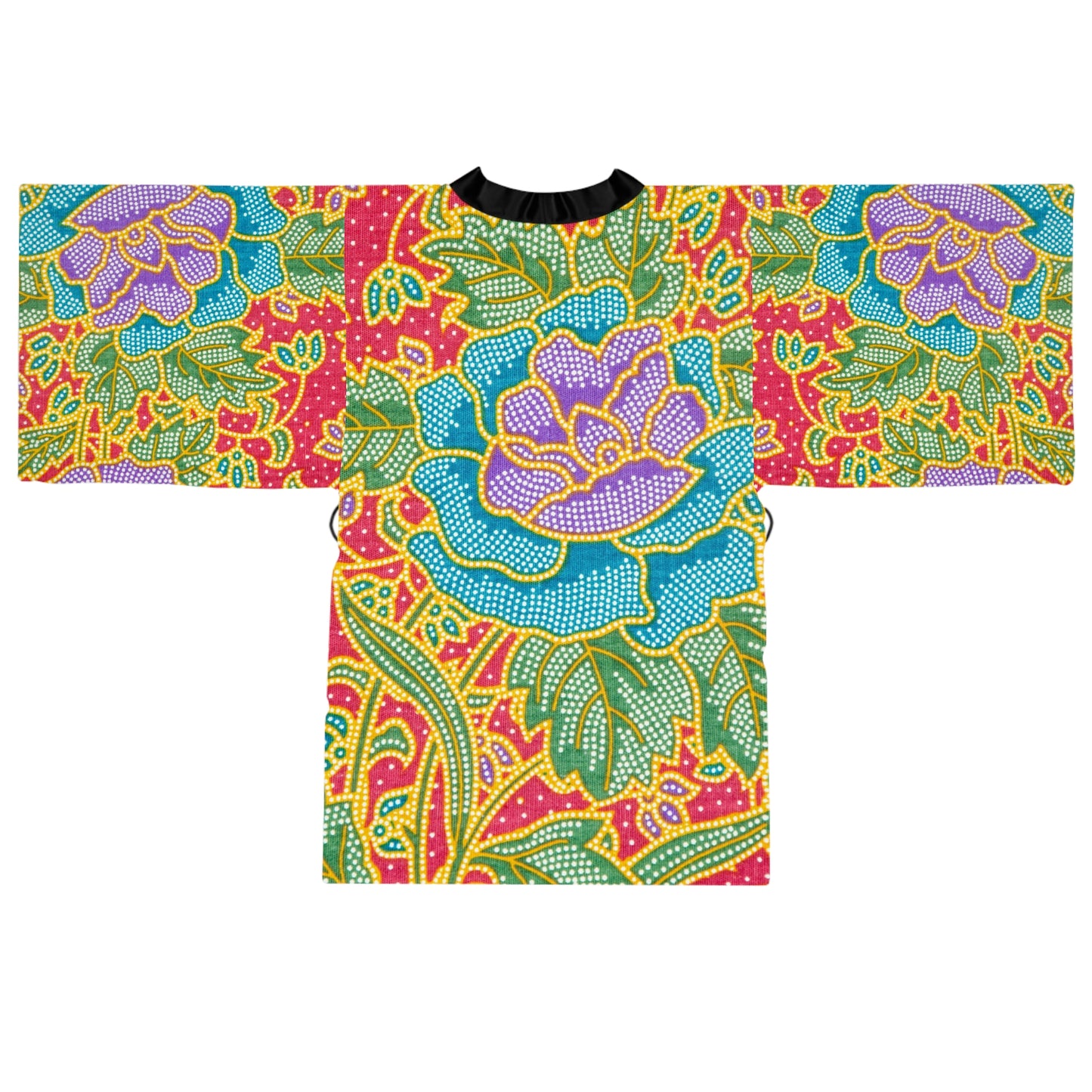 Flores verdes y rojas - Bata Kimono de Manga Larga Inovax