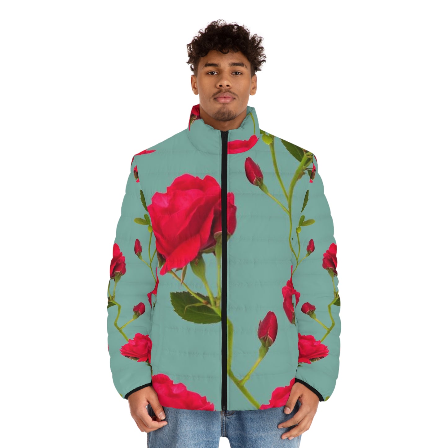 Red Flowers and blue - Men's Puffer Jacket