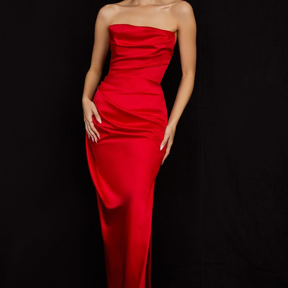 Satin Tube Top Split Knee-length Dress