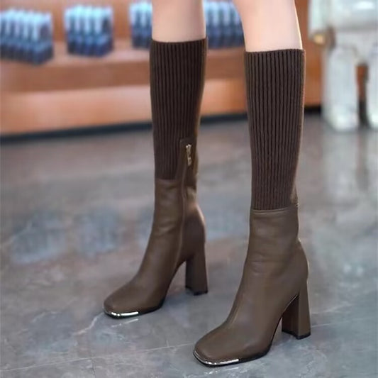 Women's Autumn And Winter Knitting Stretch Socks Square Head Chunky Heel Long Boots