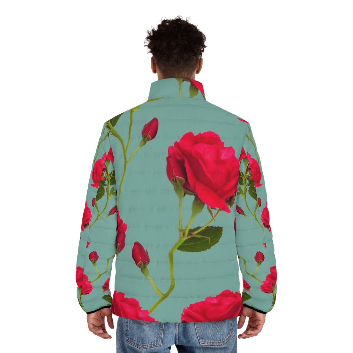 Red Flowers and blue - Men's Puffer Jacket