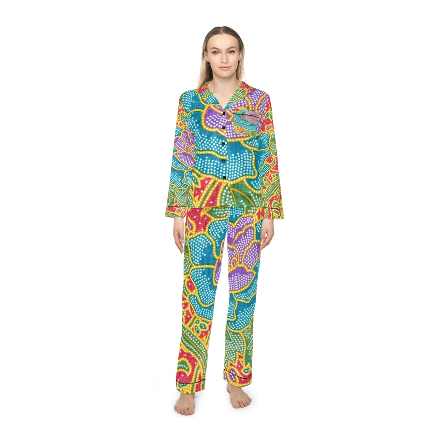 Green and red flowers - Inovax Women's Satin Pajamas