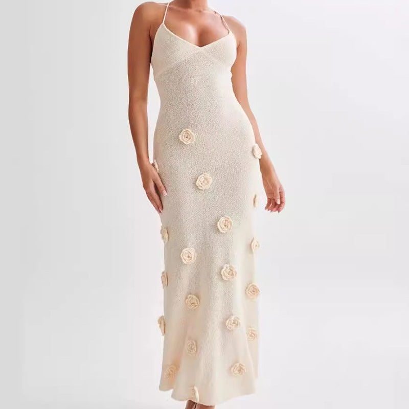 Jupe à bretelles pour femmes, robe tridimensionnelle à fleurs tricotée, dos nu, à lacets