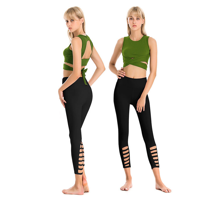 Ropa de Yoga profesional para mujer, traje hueco ajustado, sujetador a prueba de golpes, pantalones deportivos sexys de nueve puntos para Fitness, verano