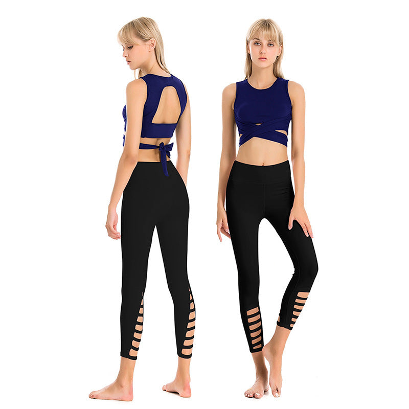 Summer Professional Yoga Clothing Suit Female Hollow Tight-Fitting Shockproof Bra Sexy Sports Fitness Nine-Point Pants