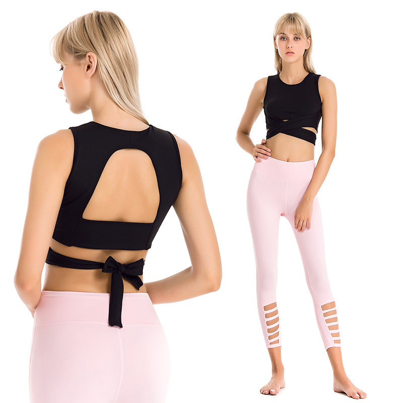 Ropa de Yoga profesional para mujer, traje hueco ajustado, sujetador a prueba de golpes, pantalones deportivos sexys de nueve puntos para Fitness, verano