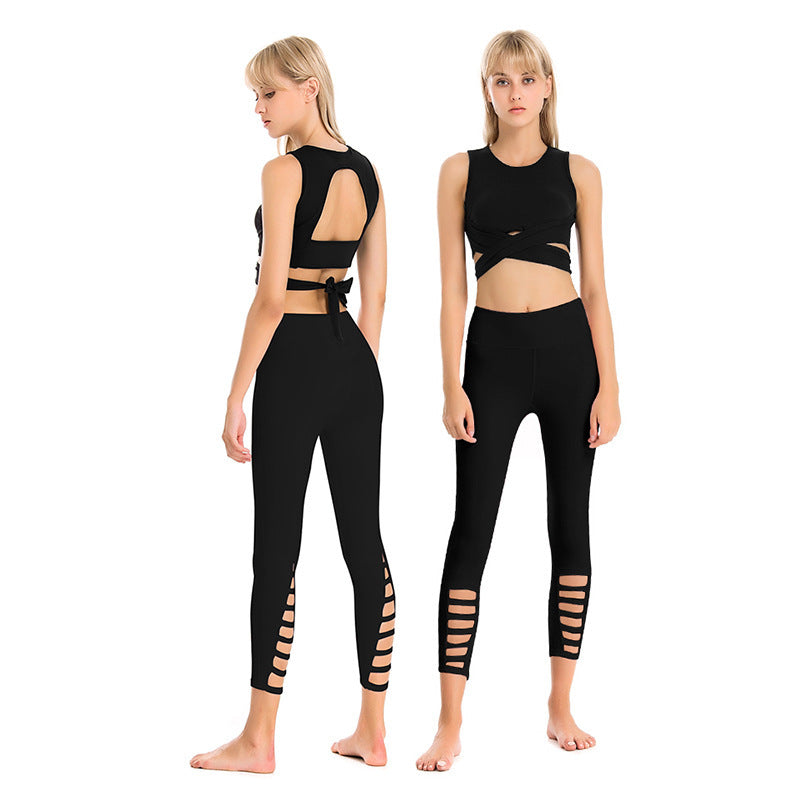 Costume de Yoga professionnel d'été pour femmes, soutien-gorge ajouré, moulant, antichoc, Sexy, sport, Fitness, pantalon à neuf points