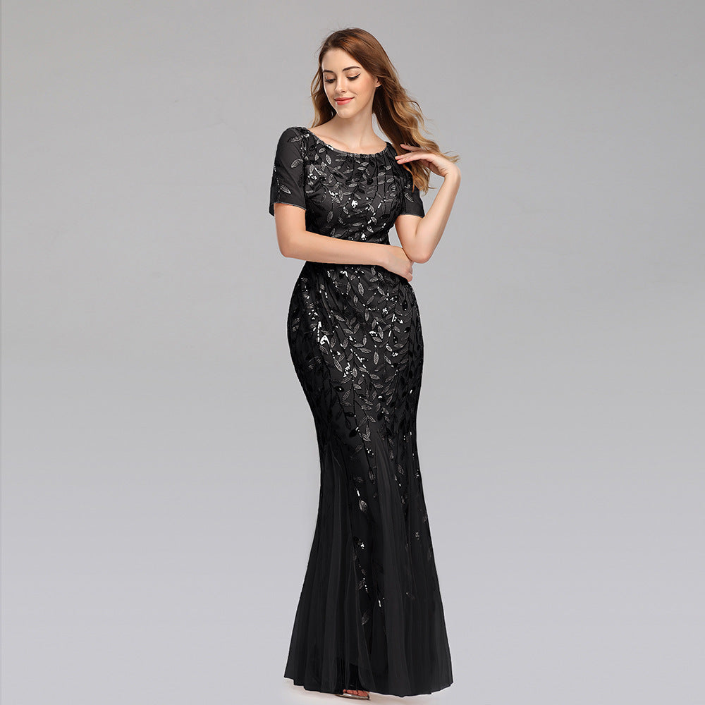 Robe de soirée grande taille commerce extérieur Amazon vente chaude version européenne et américaine perle maille queue de poisson mince sexy vêtements pour femmes en stock