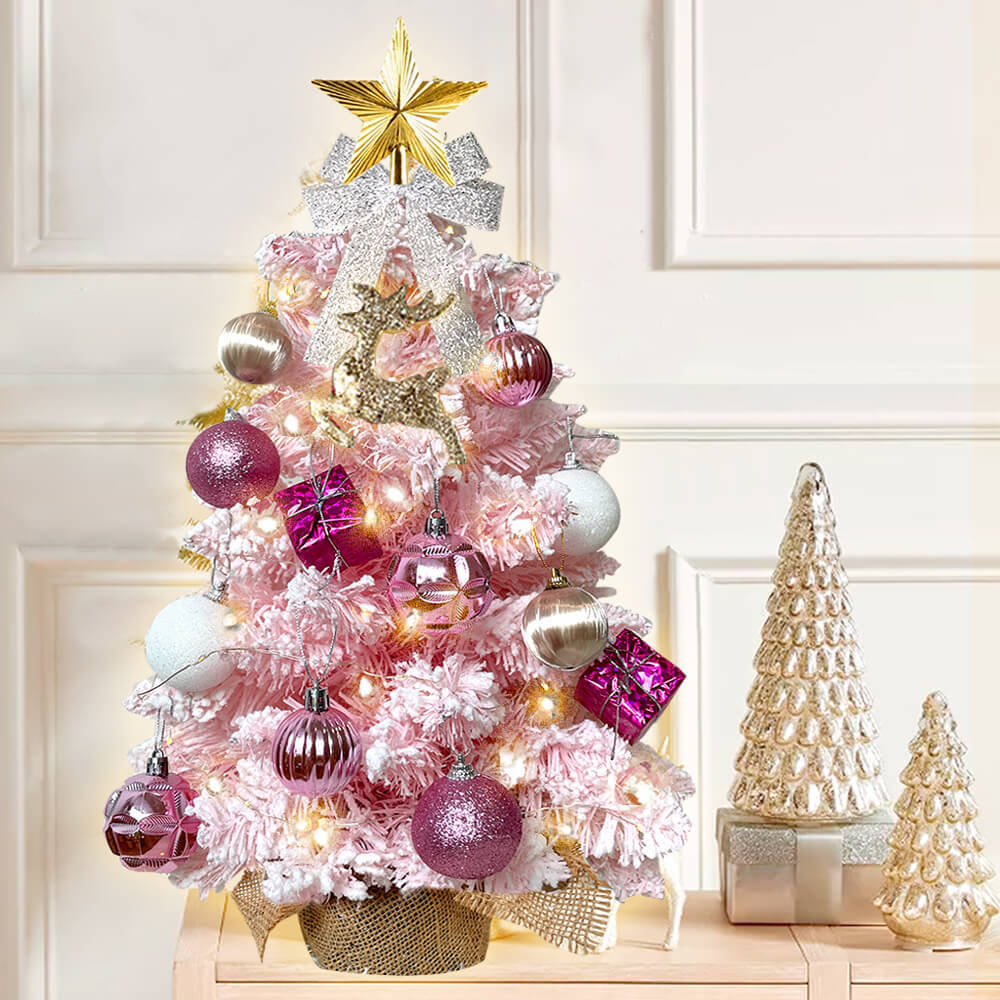 2ft Mini Christmas Tree With Light Artificial Small Tabletop Christmas Decoration With Flocked Snow, Exquisite Decor & Xmas Ornaments For Table Top For Home & Office