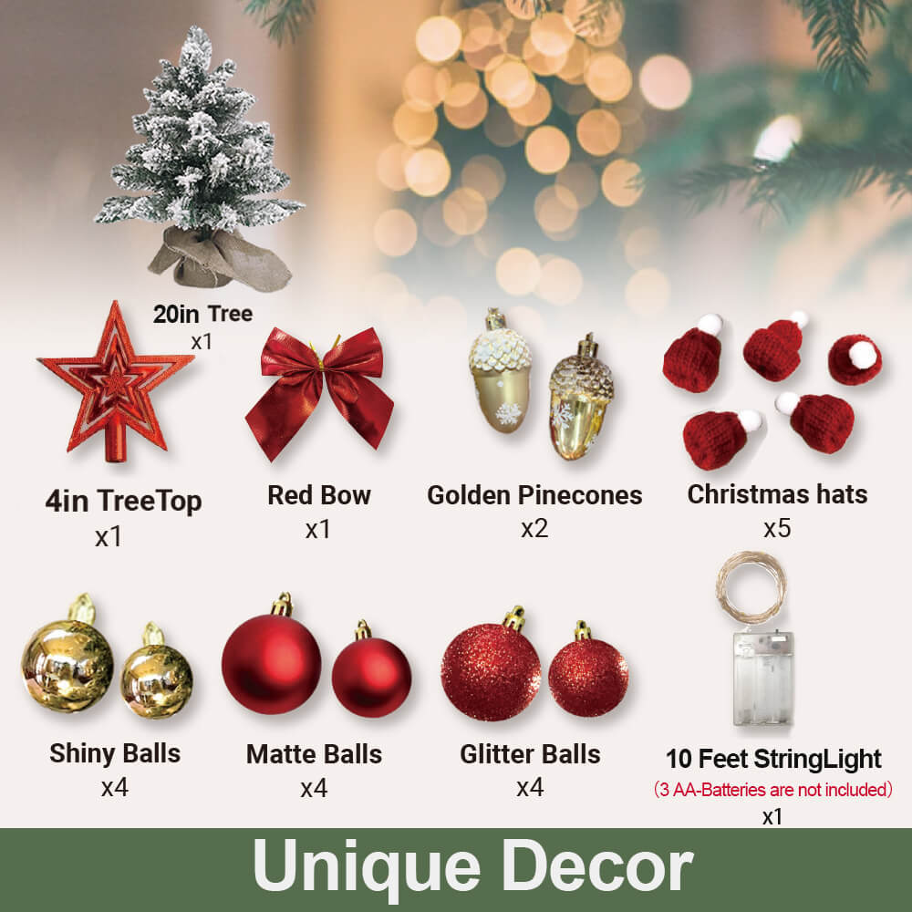 Mini sapin de Noël de 2 pieds avec petite décoration de Noël artificielle légère avec neige floquée, décor exquis et ornements de Noël pour dessus de table pour la maison et le bureau