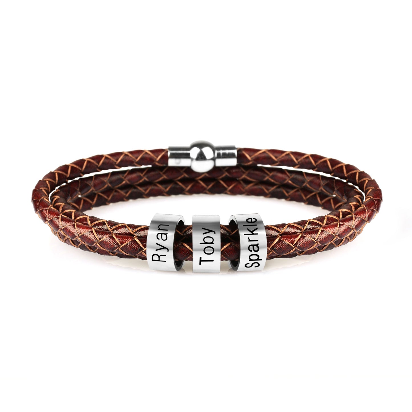 Pulsera de cuero genuino trenzada personalizada para hombre, cuentas personalizadas de acero inoxidable, pulsera con dijes de nombre para hombres con apellidos