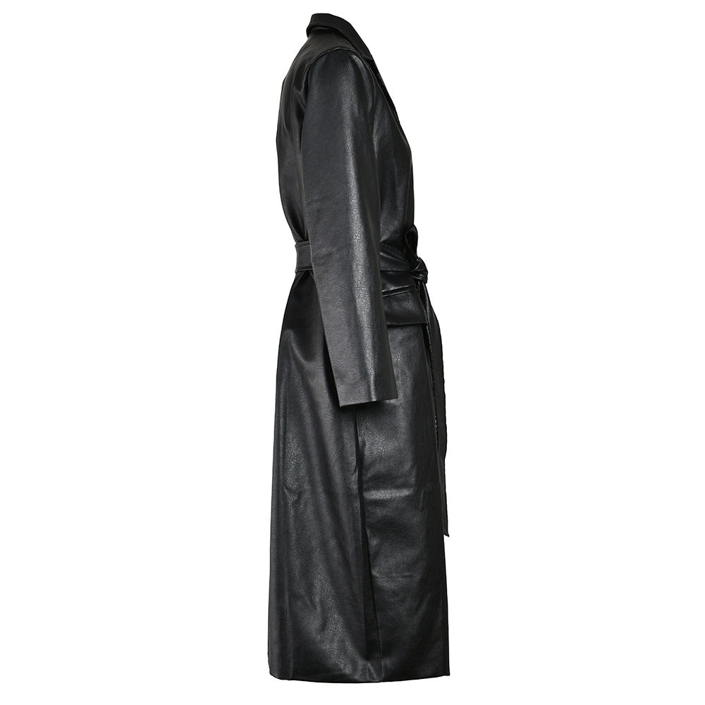 Manteau de tempérament en cuir PU noir, serré à la taille, coupe-vent Long de haute qualité pour les déplacements et les loisirs