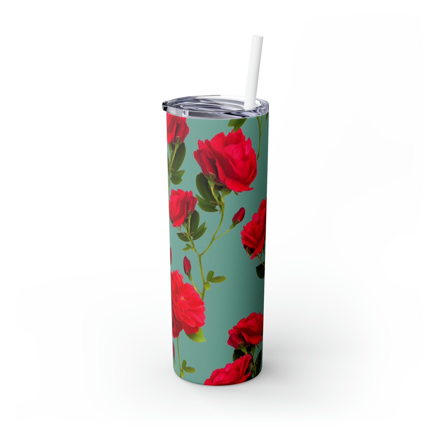 Red Flowers and blue - Inovax Maars® Skinny Tumbler with Straw 20oz