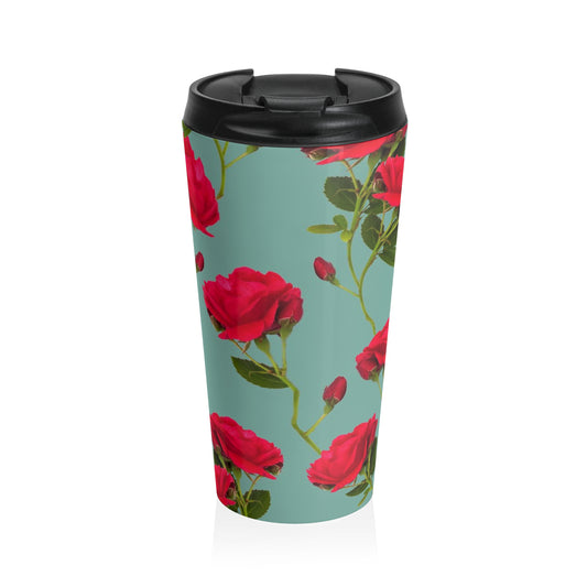 Red Flowers and blue - Inovax Stainless Steel Travel Mug