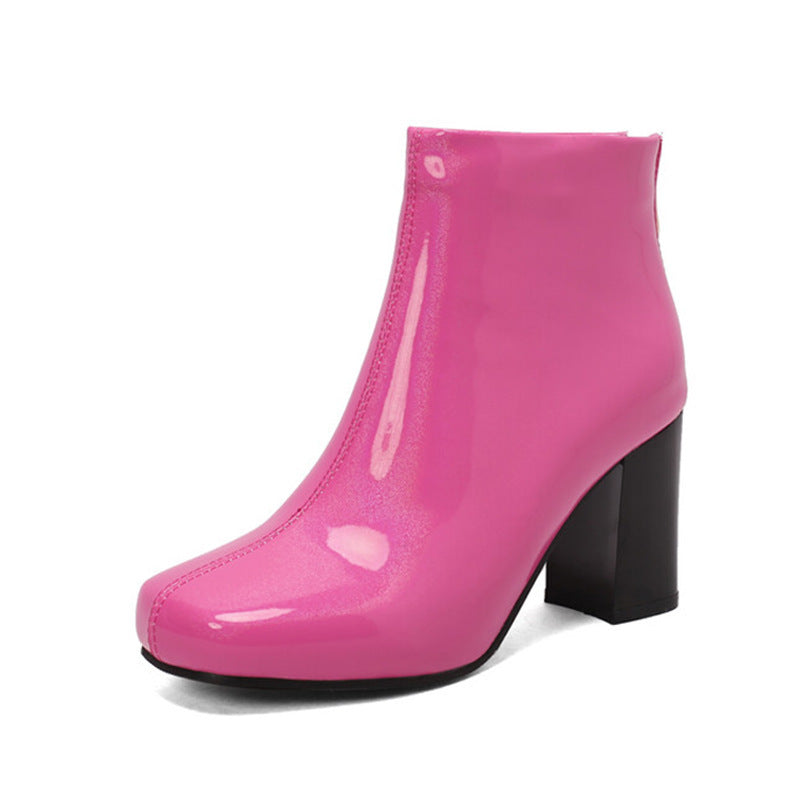 Botas de tobillo de color sólido para mujer Charol Tacón alto Moda