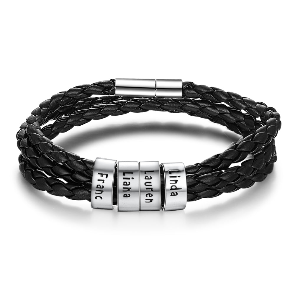 Pulsera de cuero genuino trenzada personalizada para hombre, cuentas personalizadas de acero inoxidable, pulsera con dijes de nombre para hombres con apellidos