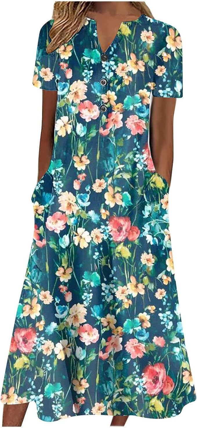 Printed Pocket V-neck Loose Casual Length Dress