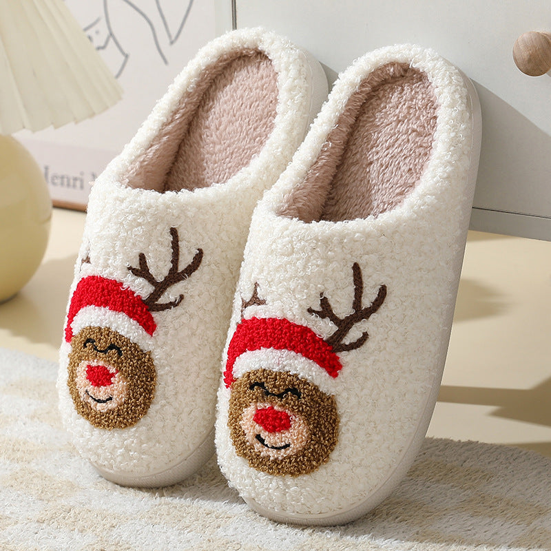 Zapatillas de casa navideñas, zapatillas de algodón con dibujos animados de Papá Noel para mujeres y hombres, parejas, zapatos peludos cálidos de invierno