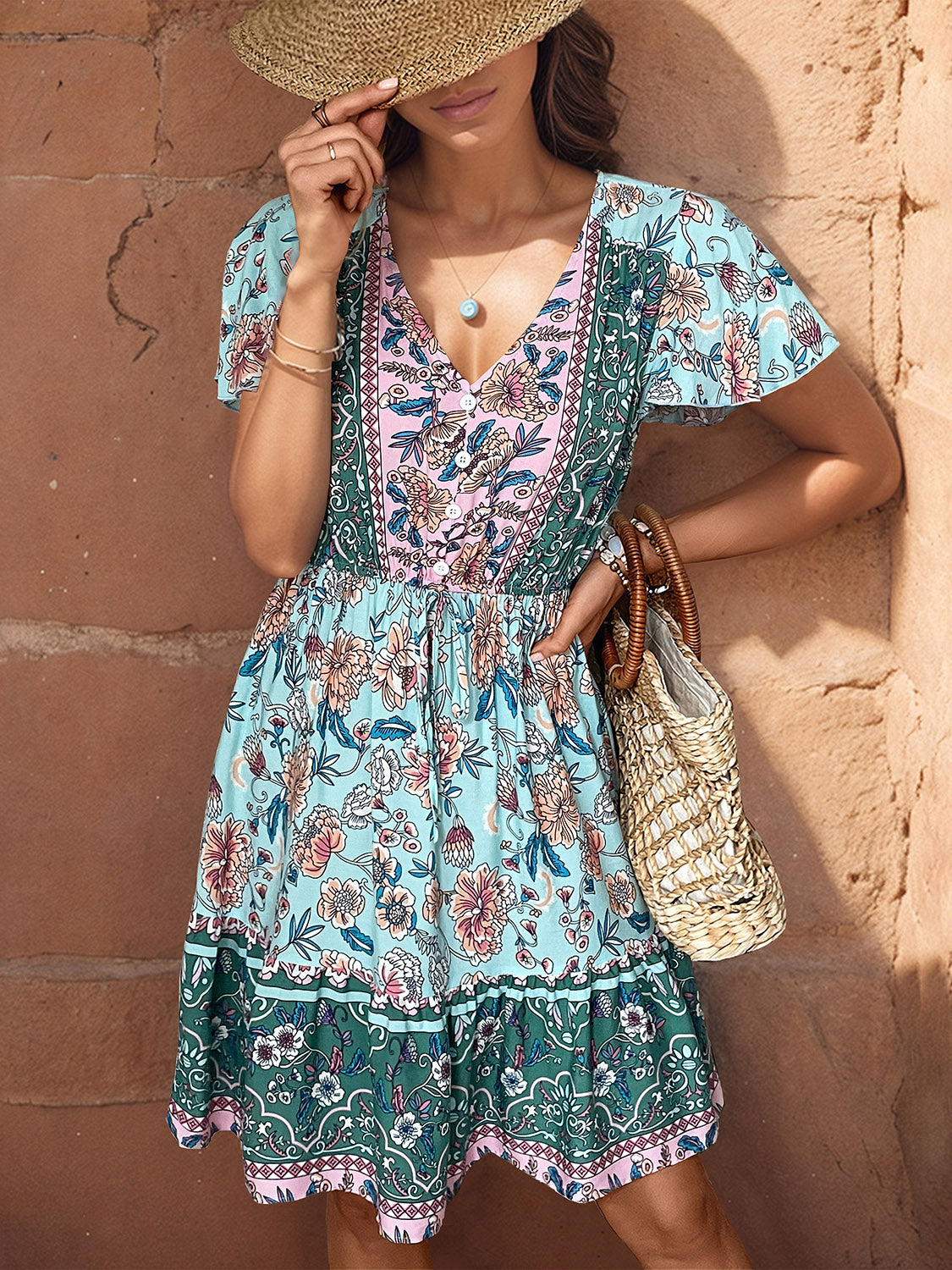 Printed V-Neck Flutter Sleeve Dress