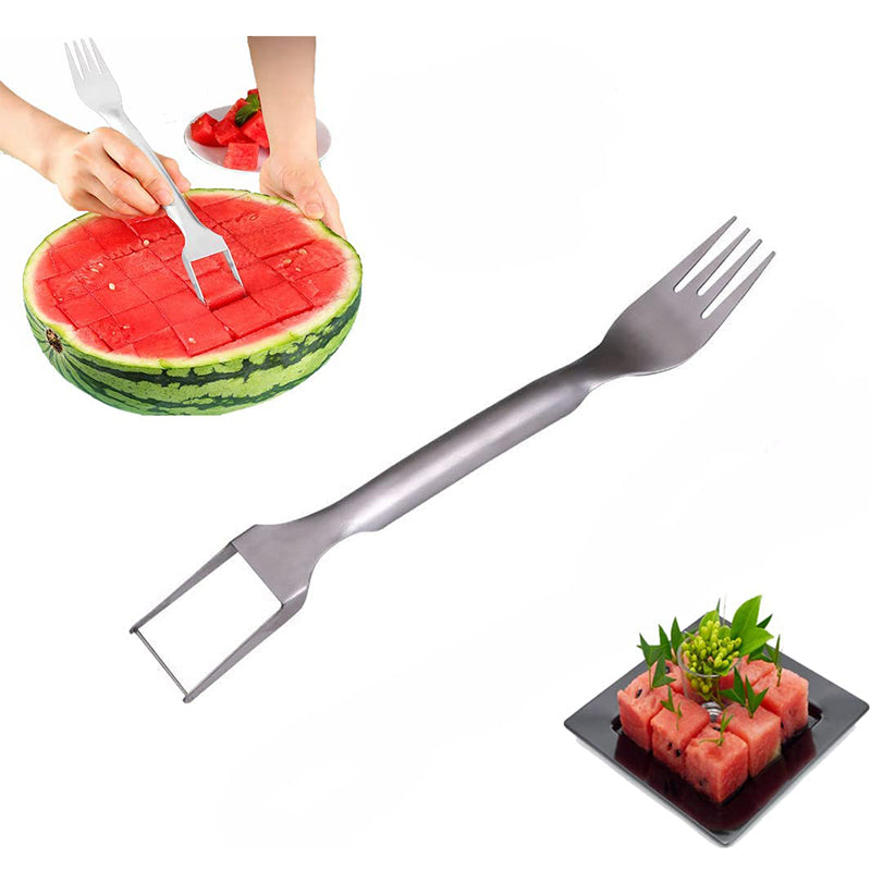 Cortador de tenedor de sandía 2 en 1, cortador de sandía multiusos de acero inoxidable, tenedor para cortar frutas de cocina, divisor de frutas, utensilios de cocina