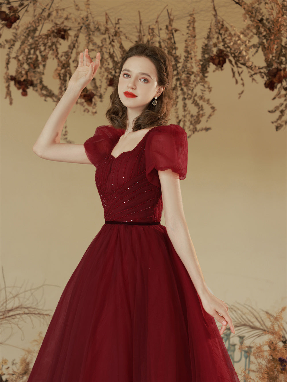 Solid Color Toast Clothing Wine Red Puff Sleeves